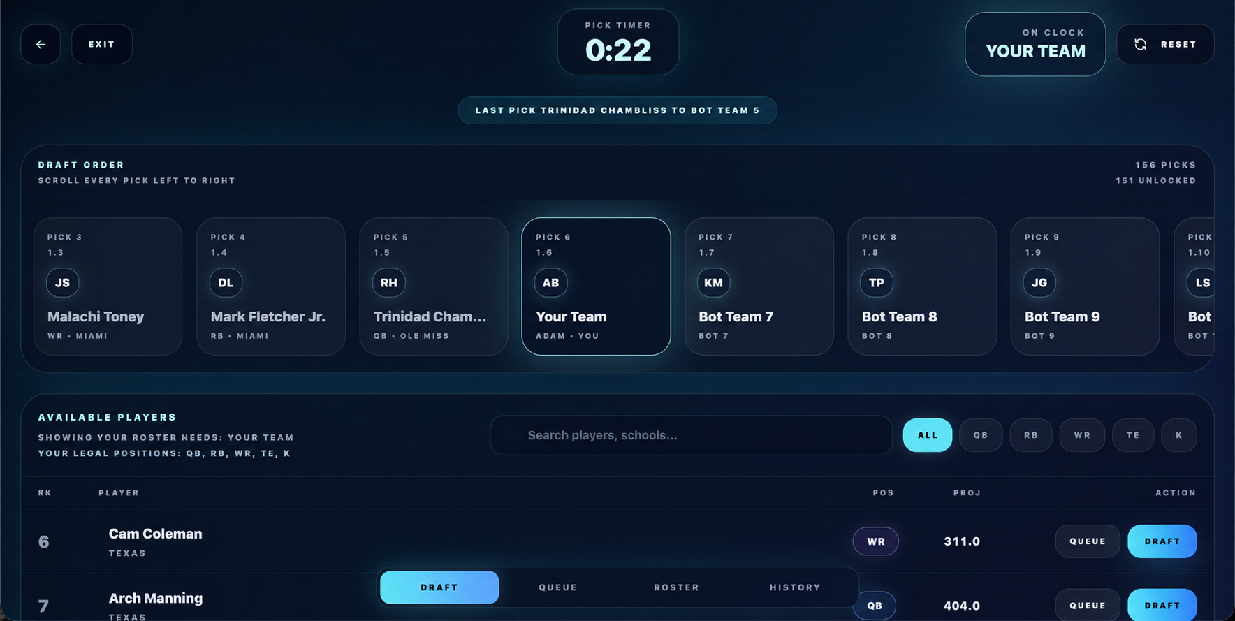 Live draft room with pick timer, draft order, and available players